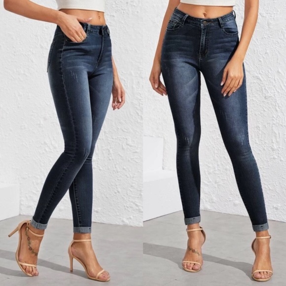 medium wash stonewash faded cuffed skinny jeans - Picture 3 of 7